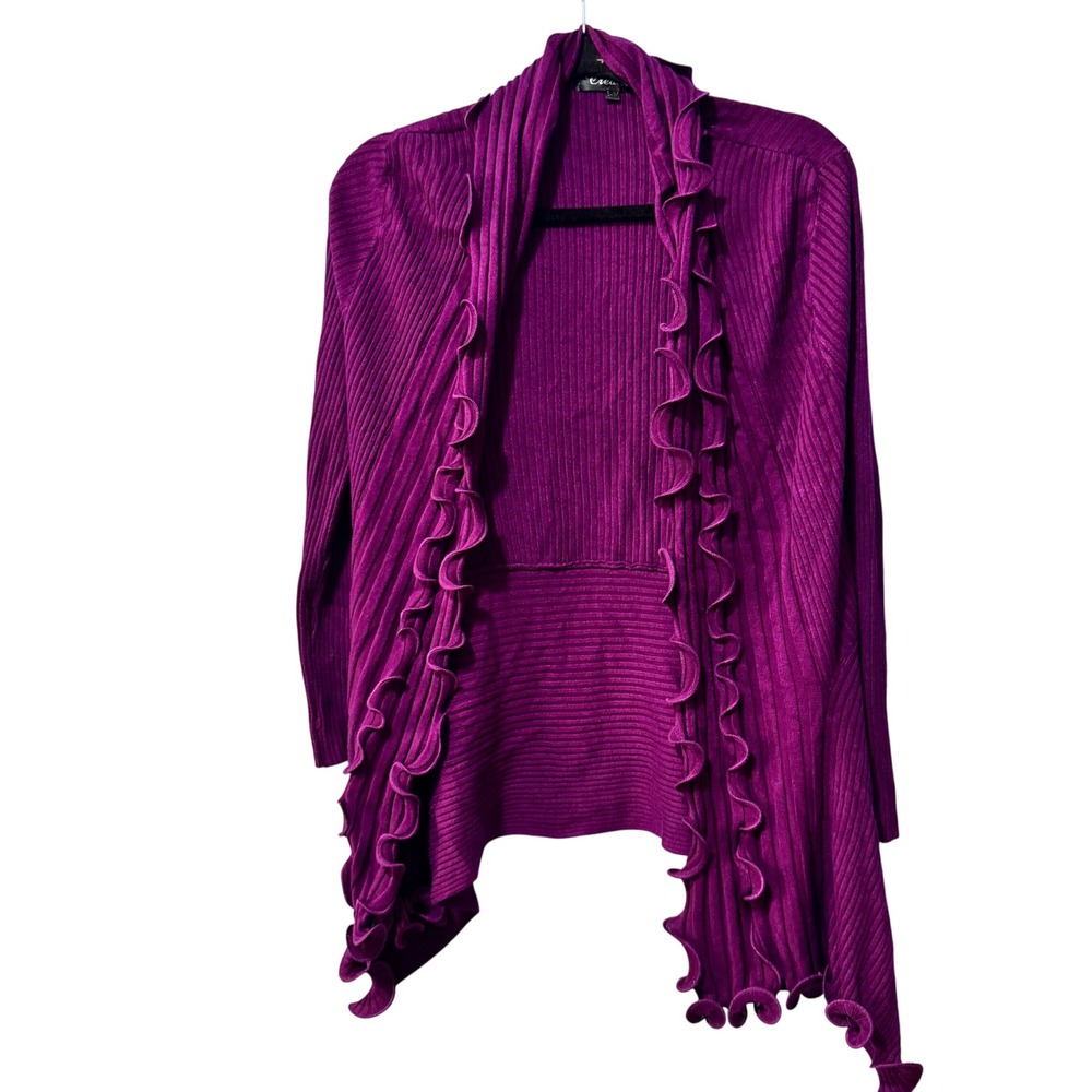 Creation Purple Ribbed Ruffle Cardigan‎ Sweater Women S M Open Front Duster